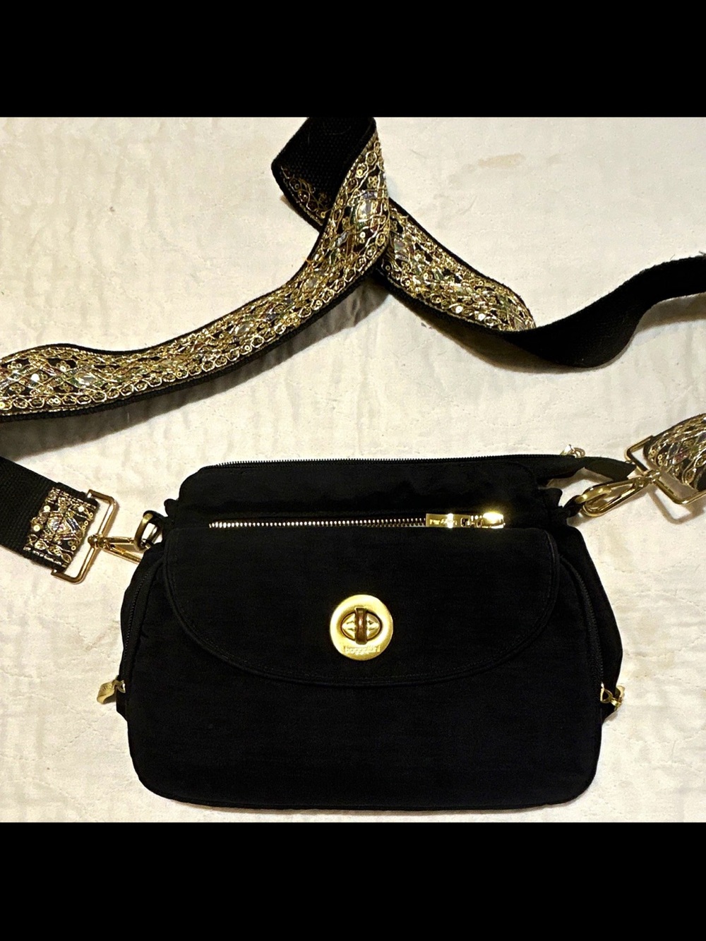 Baggallini Black Crossbody with Gold Accents and Embellished Strap